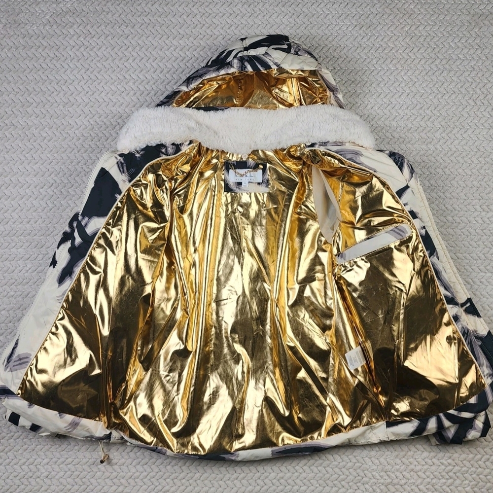 Nicole Miller Puffer Jacket Women Coat Med Insulated Hooded Gold Liner Palm NWT - Picture 3 of 10